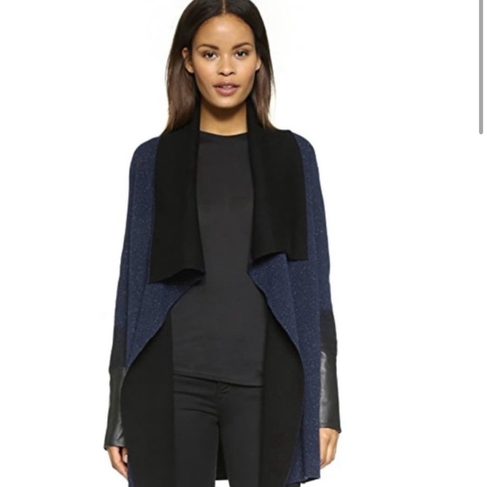 Vince XL Blue and Black Shawl Collar Sweater with Leather sleeve cuff.